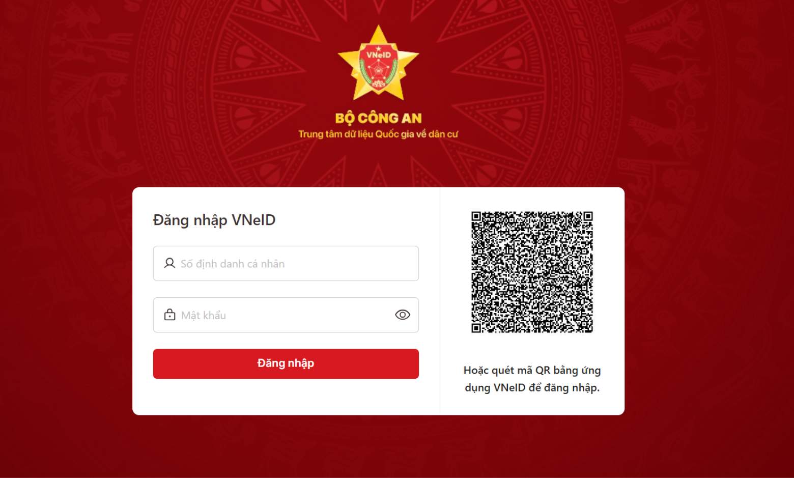 Đăng nhập bằng số định danh và mật khẩu hoặc dùng App VNeID trên điện thoại để quét mã đăng nhập