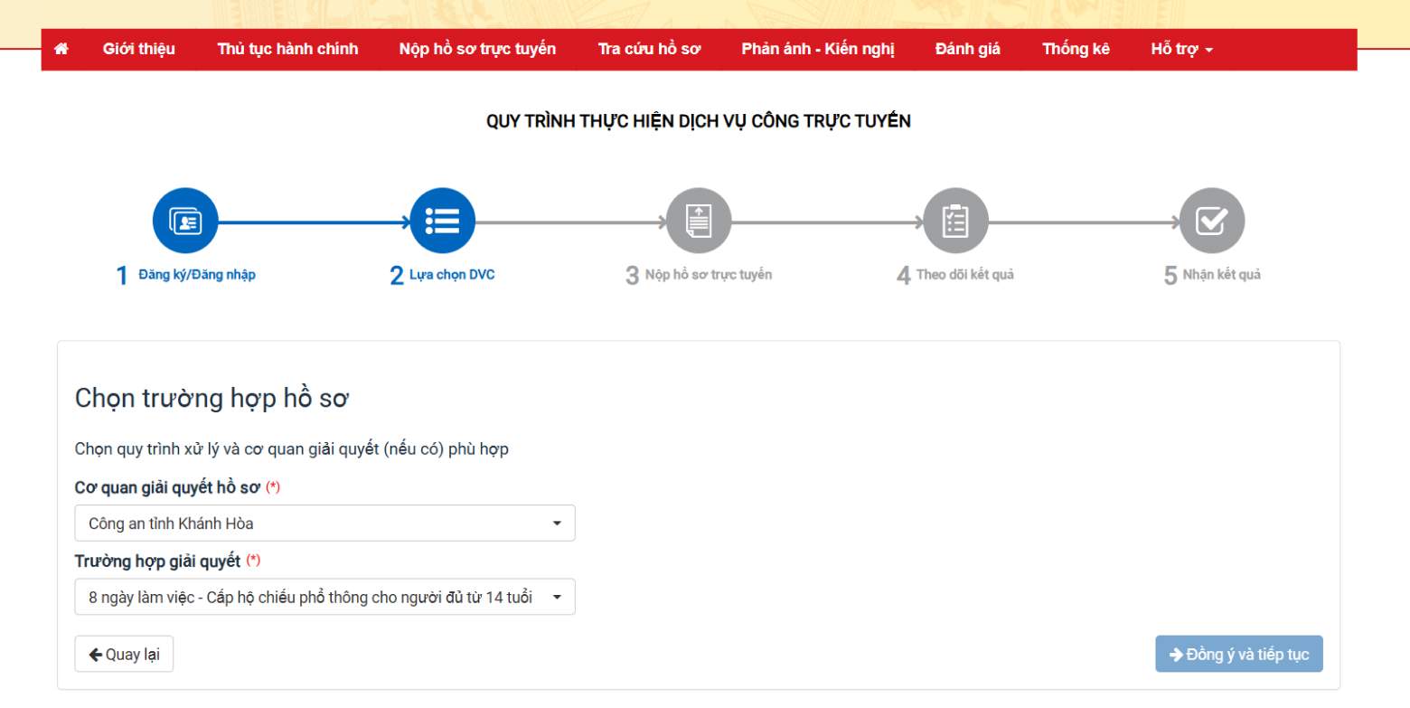 Lựa chọn cơ quan giải quyết hồ sơ và trường hợp giải quyết hộ chiếu Online