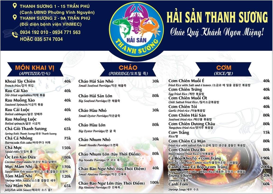 Tham khảo menu Hải Sản Thanh Sương Nha Trang