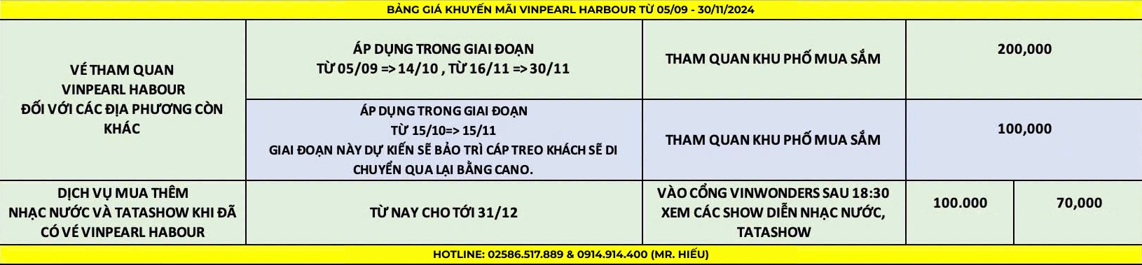 Bảng giá khuyến mãi vé cáp treo Vinpearl Harbour Nha Trang từ 05/09 - 30/12/2024