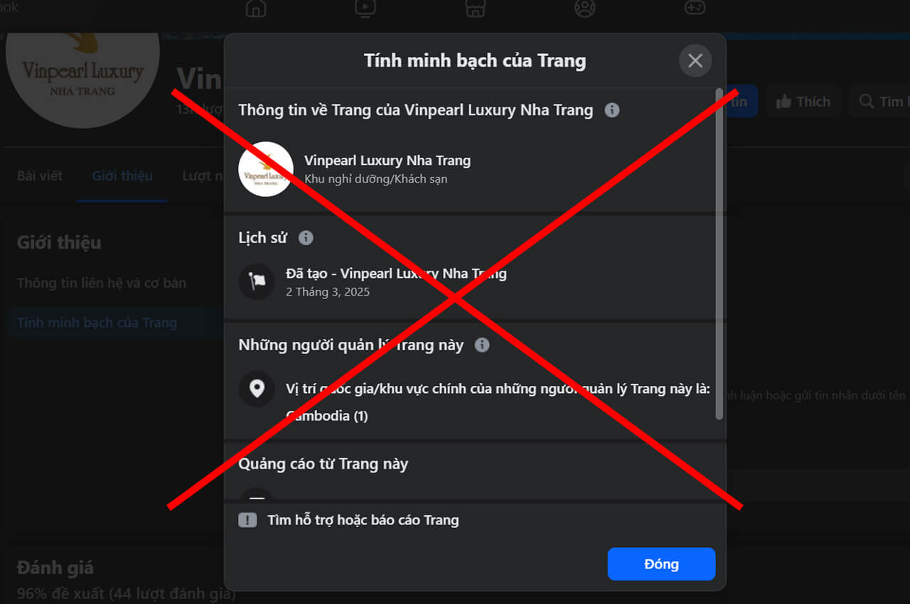 Ảnh chụp màn hình Fanpage giả mạo, hiển thị thông tin quản trị từ nước ngoài và ngày tạo gần đây. Ảnh chụp màn hình Fanpage giả mạo, hiển thị thông tin quản trị từ nước ngoài và ngày tạo gần đây.