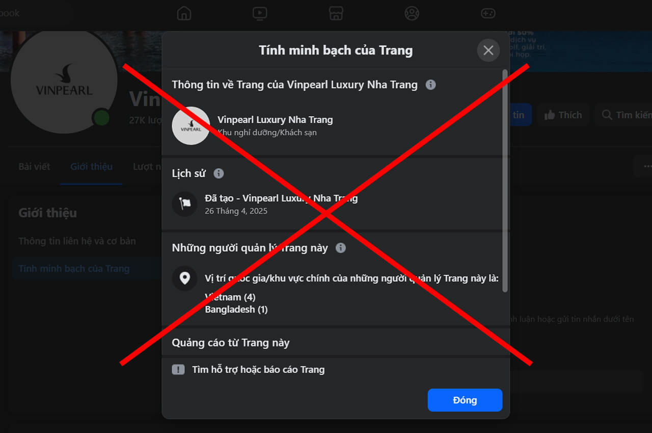 Ảnh chụp màn hình Fanpage giả mạo, hiển thị thông tin quản trị từ nước ngoài và ngày tạo gần đây. Ảnh chụp màn hình Fanpage giả mạo, hiển thị thông tin quản trị từ nước ngoài và ngày tạo gần đây.