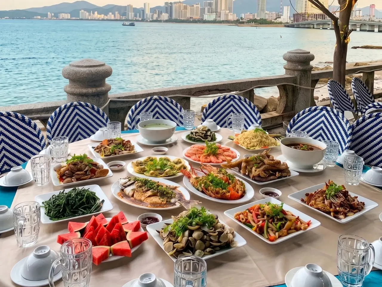 Mâm cơm đoàn thuần Việt đầy đặn được phục vụ tại nhà hàng Thùy Dương Nha Trang