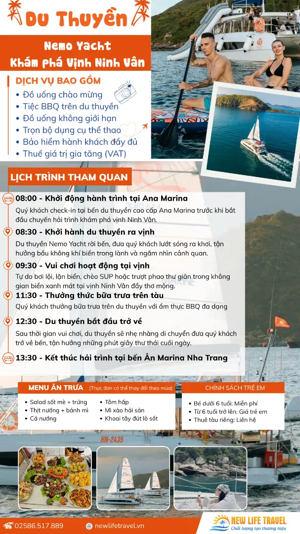 Chương trình tour du thuyền Nemo Yacht - khám phá vịnh Ninh Vân buổi sáng Chương trình tour du thuyền Nemo Yacht - khám phá vịnh Ninh Vân buổi sáng