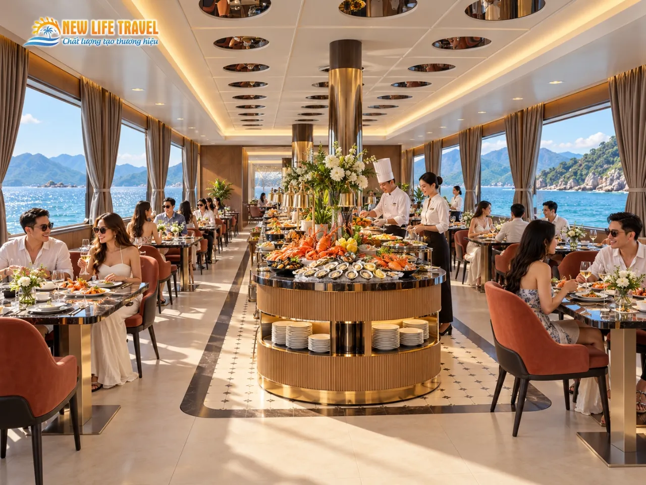 Ảnh mô phỏng: Du khách trải nghiệm quầy buffet trên thuyền. Ảnh mô phỏng: Du khách trải nghiệm quầy buffet trên thuyền.