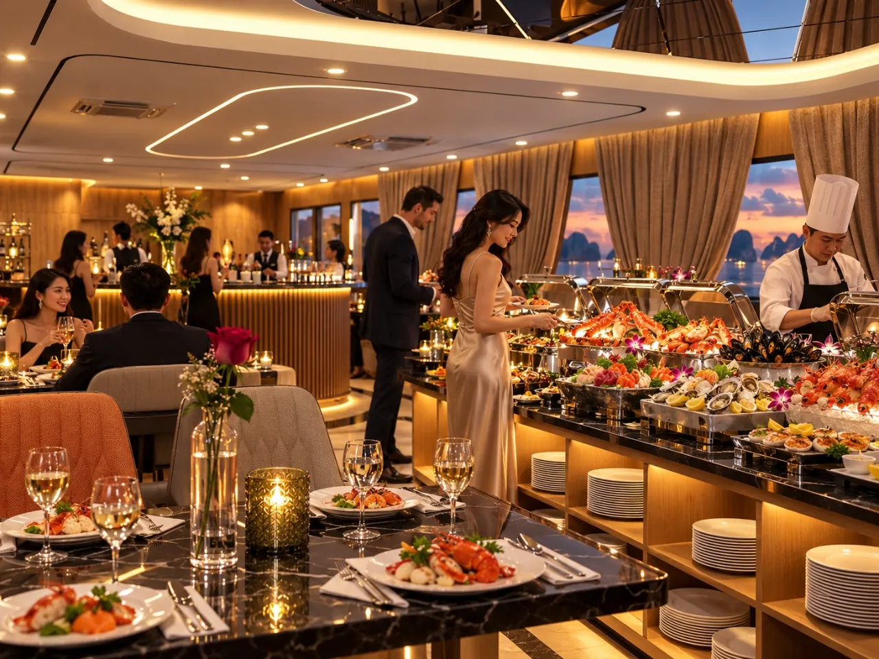 Ảnh mô phỏng: Đại tiệc buffet hải sản tươi ngon cao cấp phục vụ trong tiệc tối